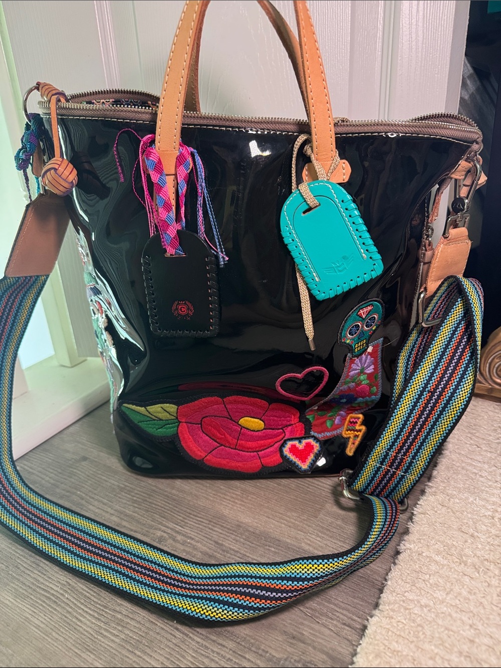Consuela Slingback PoppyBlack Patent Tote with Bright Embroidered Floral Accents